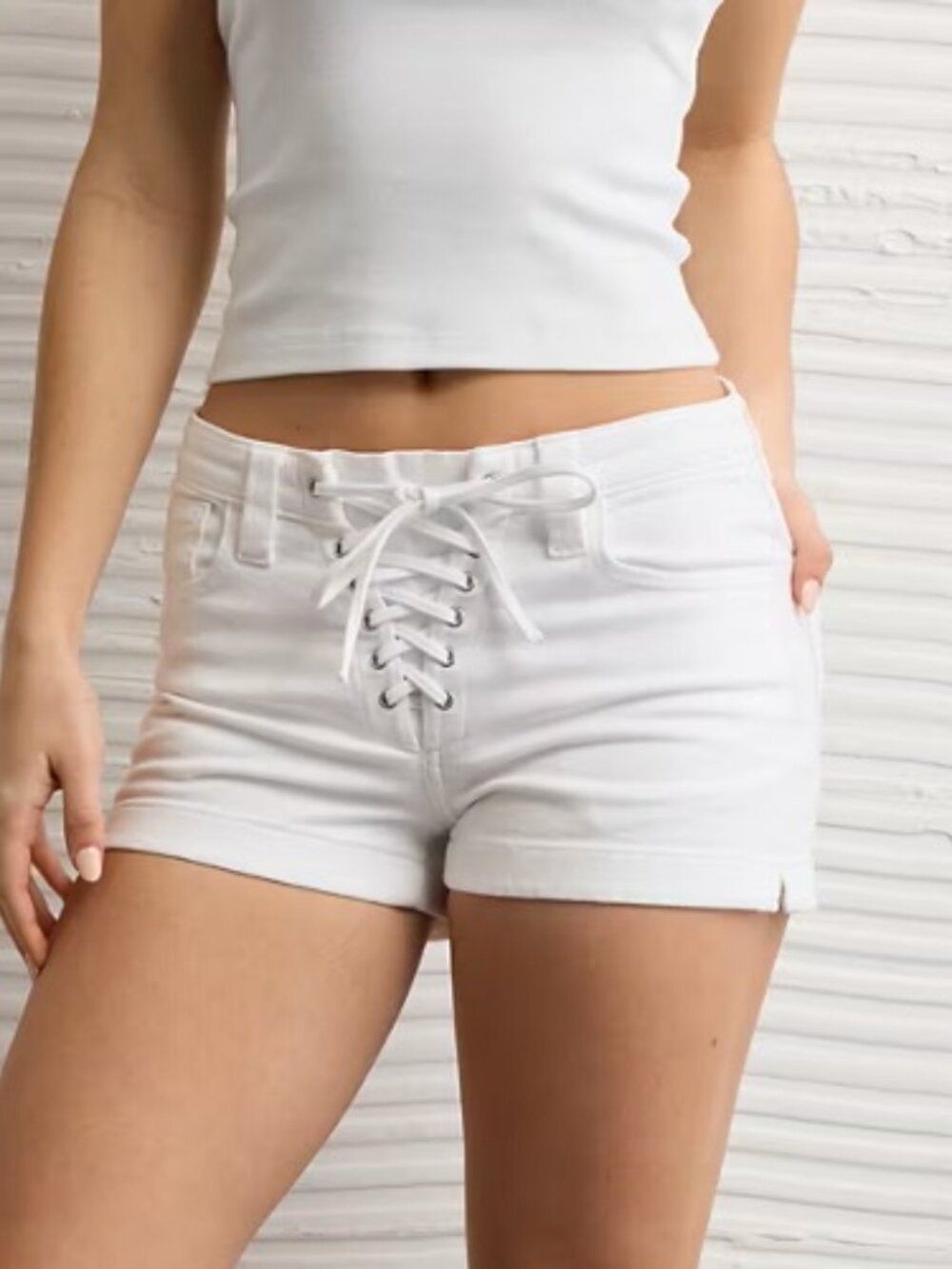 AE AMERICAN EAGLE The Perfect Shortie Low Rise Lace Up Front White - NEW NWT
